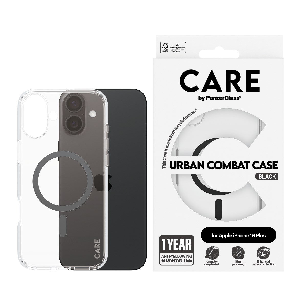 CARE by PanzerGlass® Flagship Case Transparent Urban Combat m. Schwarz MagSafe iPhone 16 Plus